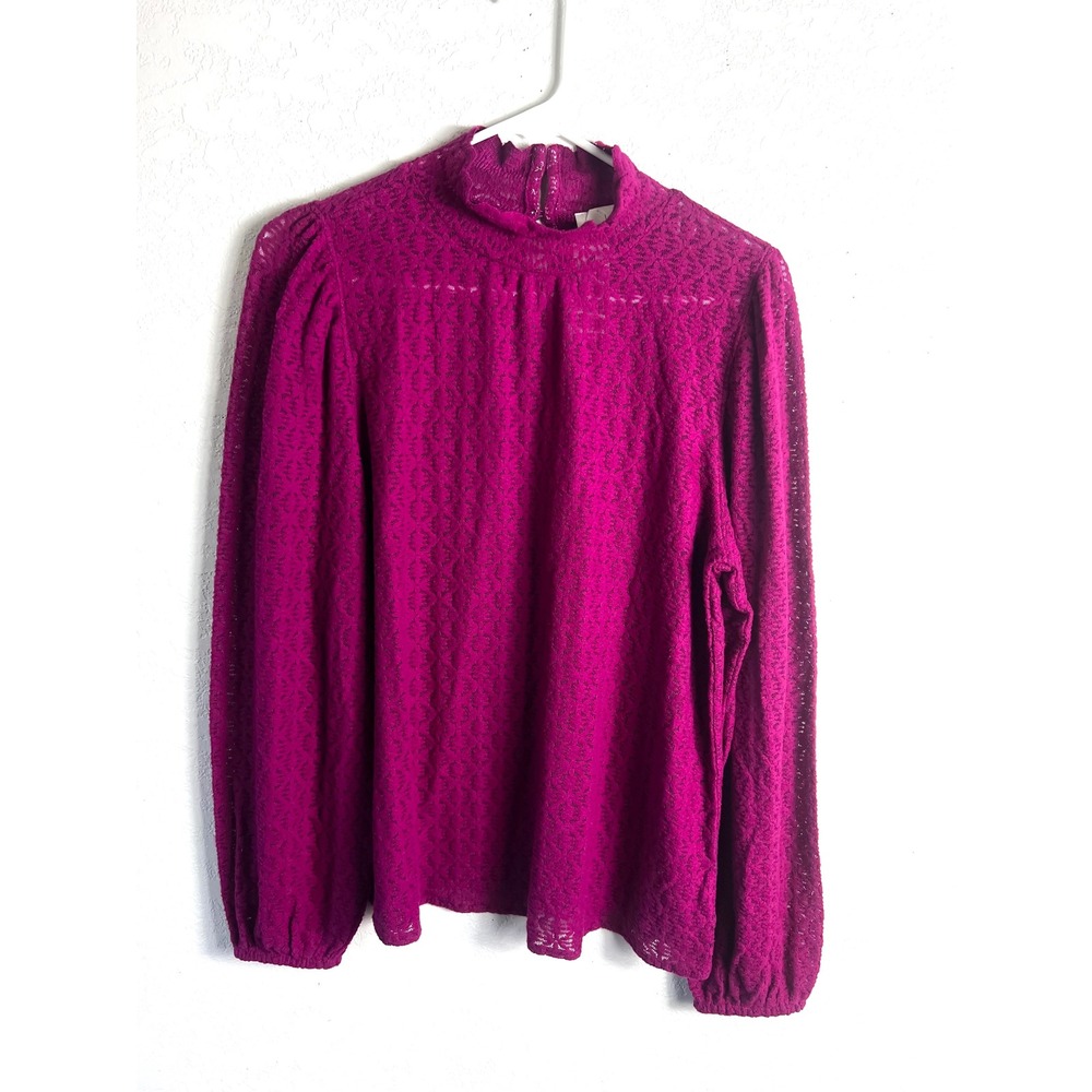 LOFT Fuchsia Magenta Textured Top Size Medium Mock Neck Long Sleeve Boho NEW